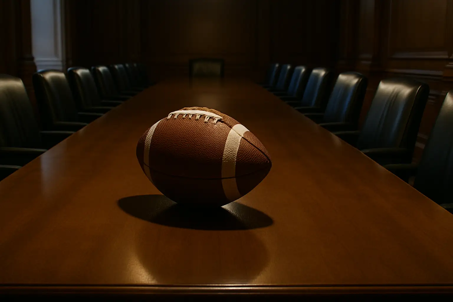 A football resting on a large boardroom table surrounded by empty chairs, symbolizing power and governance in the sport