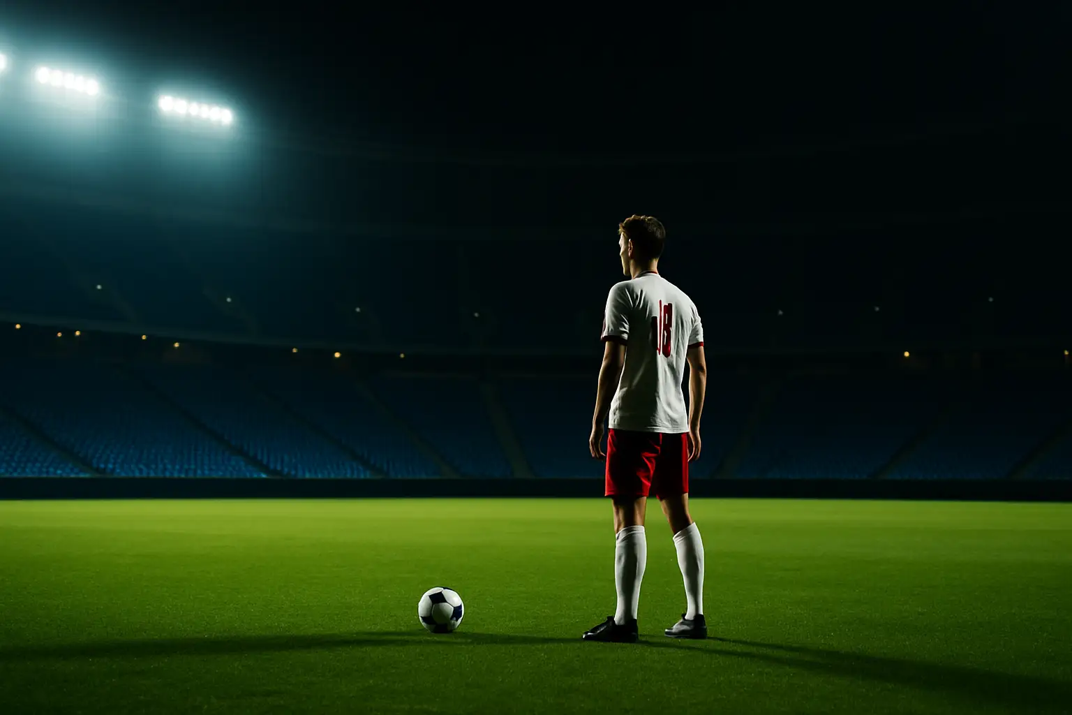 A soccer player in a national team kit preparing to kick a ball on a floodlit stadium pitch