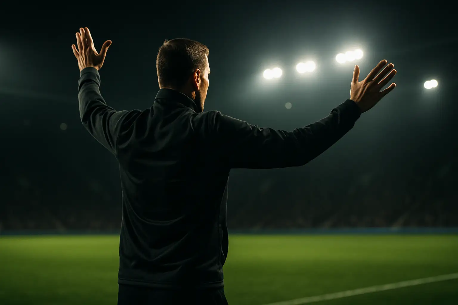 A football coach stands on a pitch sideline gesturing to players during a match