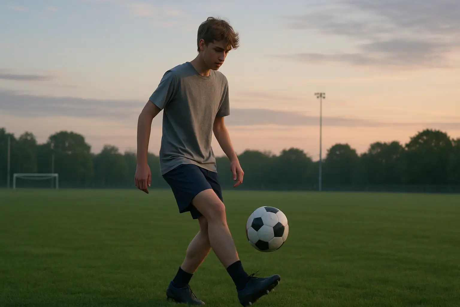 A young footballer in training kit dribbling a ball on a pitch during a morning session
