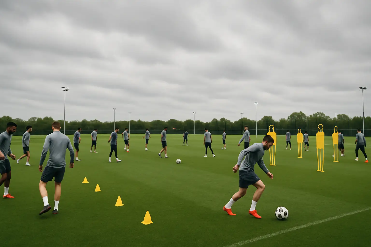 Bayern Munich players training on a green pitch under an overcast sky