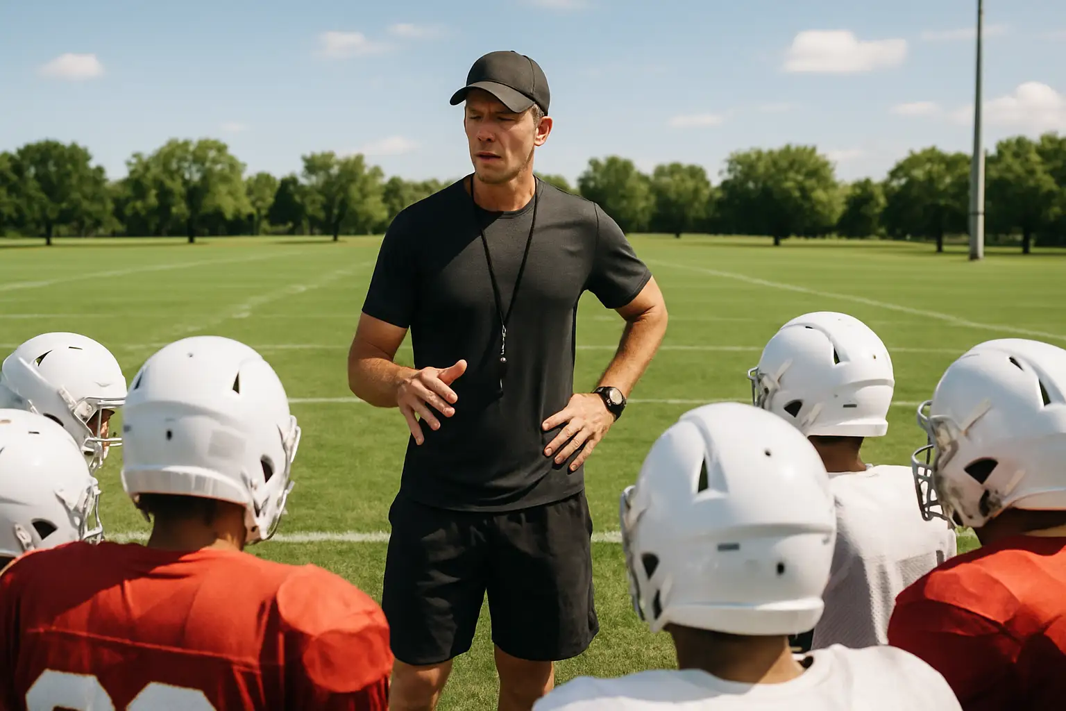 A college football coach standing on a practice field addressing players during preseason camp