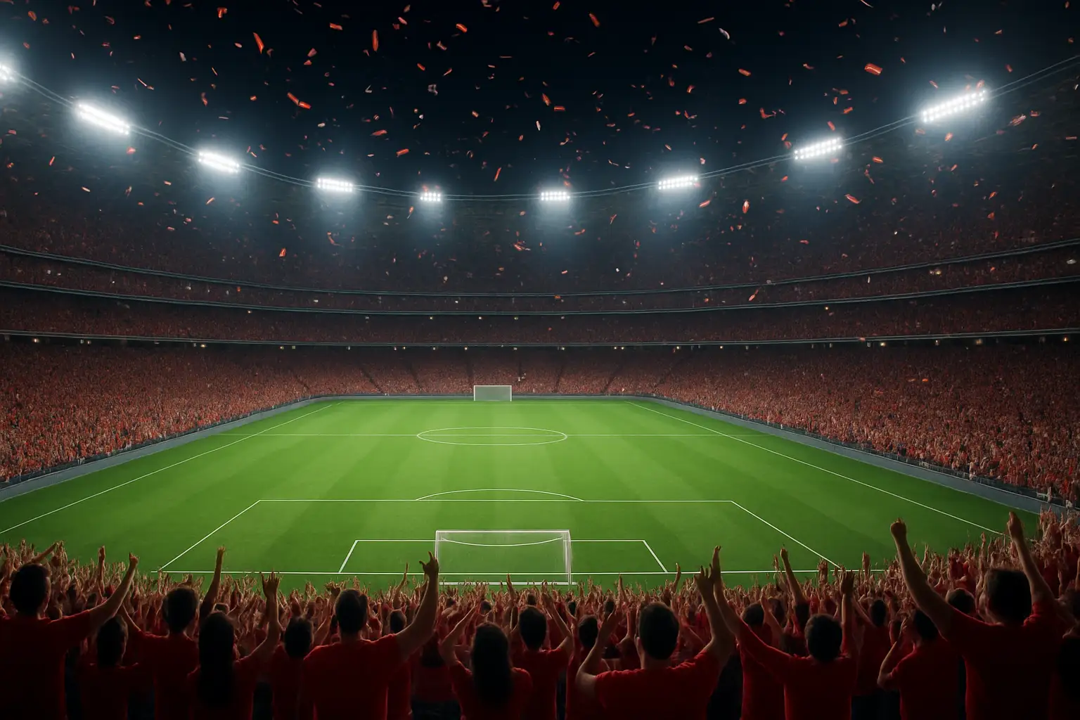 A football stadium filled with fans celebrating a national team victory under floodlights