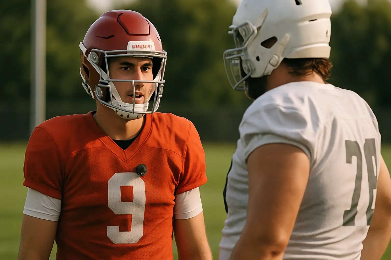 BYU football quarterback wearing a helmet and practice gear on a sunlit practice field