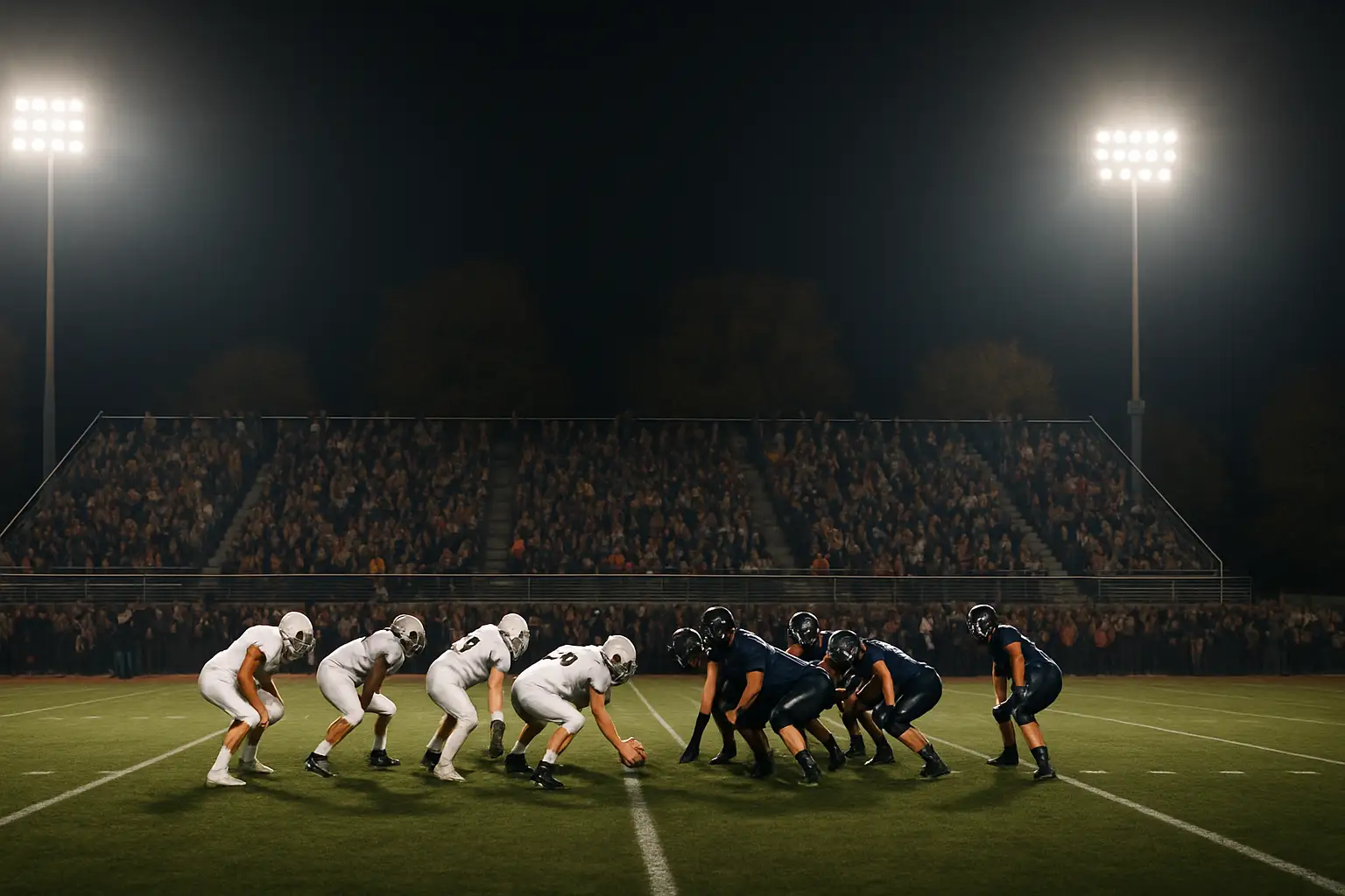 High school football players lined up at the line of scrimmage under Friday night lights