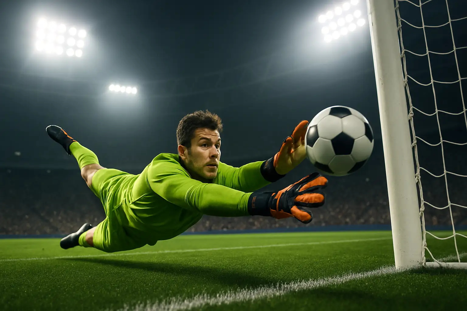 A goalkeeper making a dramatic diving save in a packed international football stadium