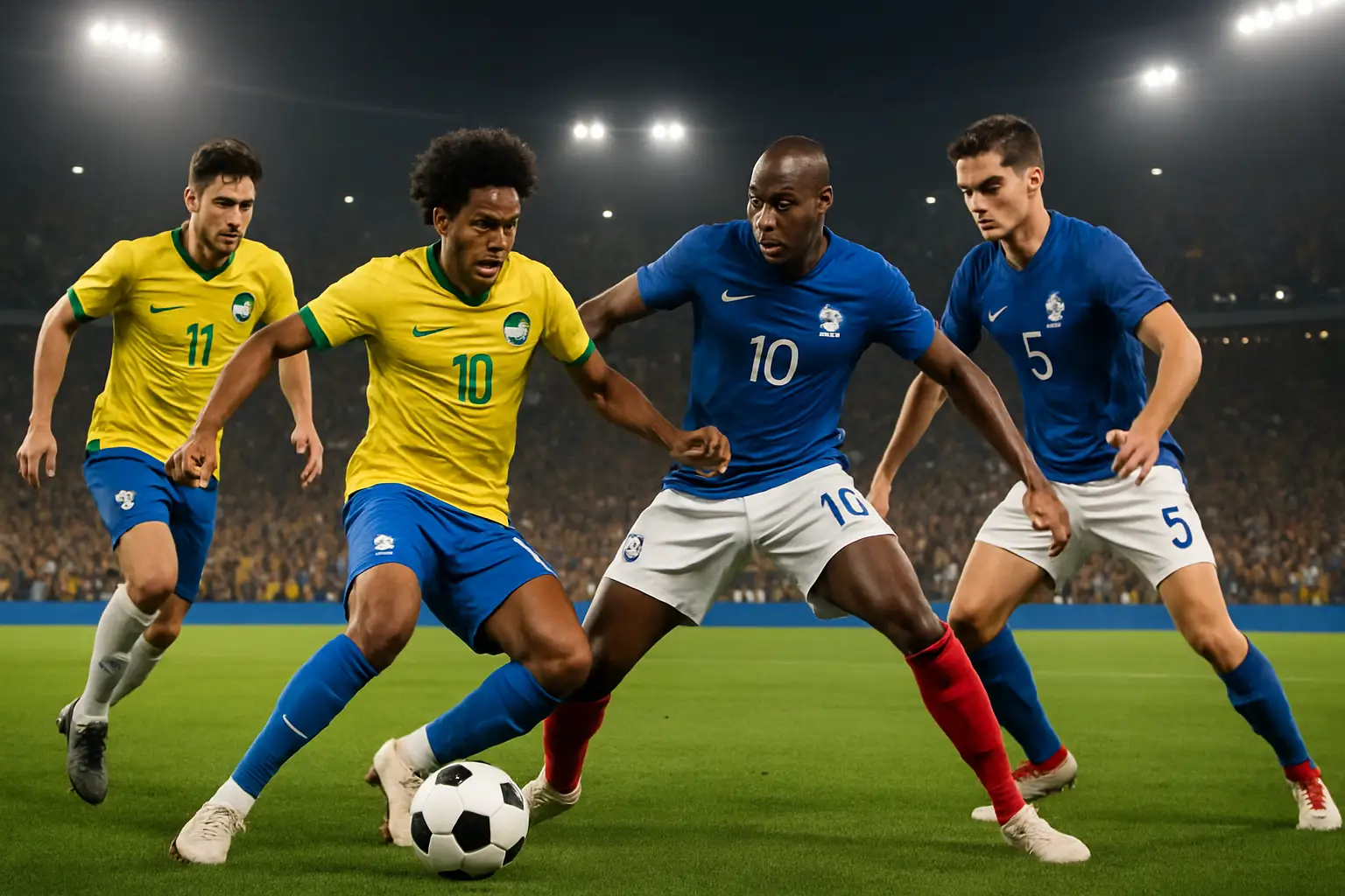Football players from two national teams competing in a World Cup knockout match inside a packed stadium
