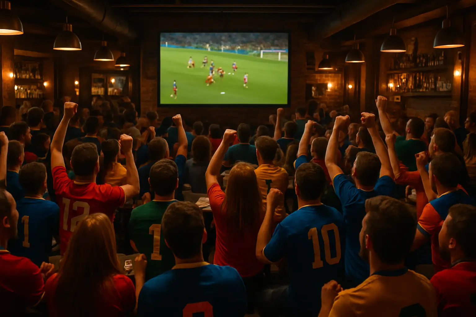 Football fans watching a World Cup match on a large screen in a packed sports bar