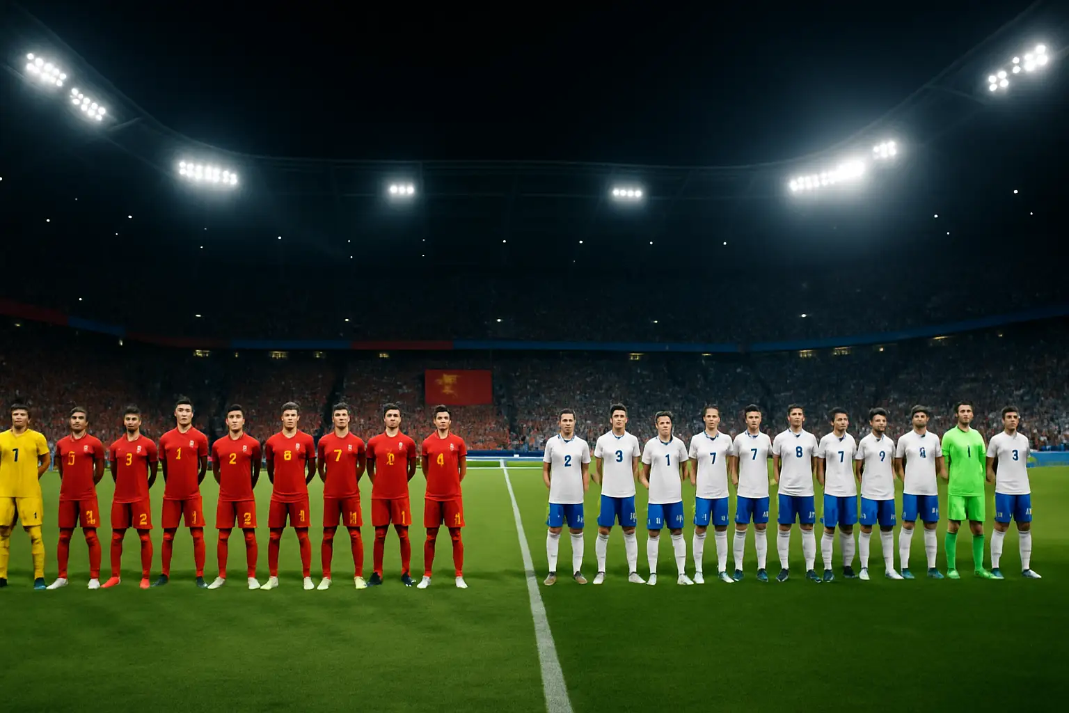 Football players from two international teams facing off on a World Cup stadium pitch under floodlights
