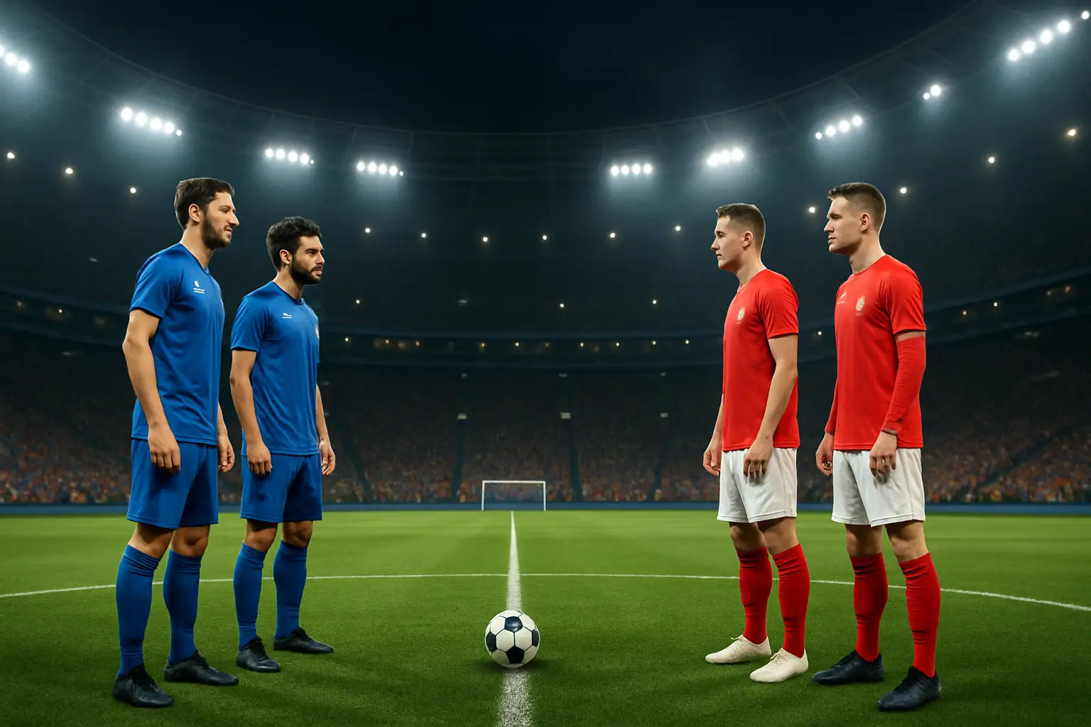 Football players from two national teams competing on a World Cup stadium pitch under bright floodlights