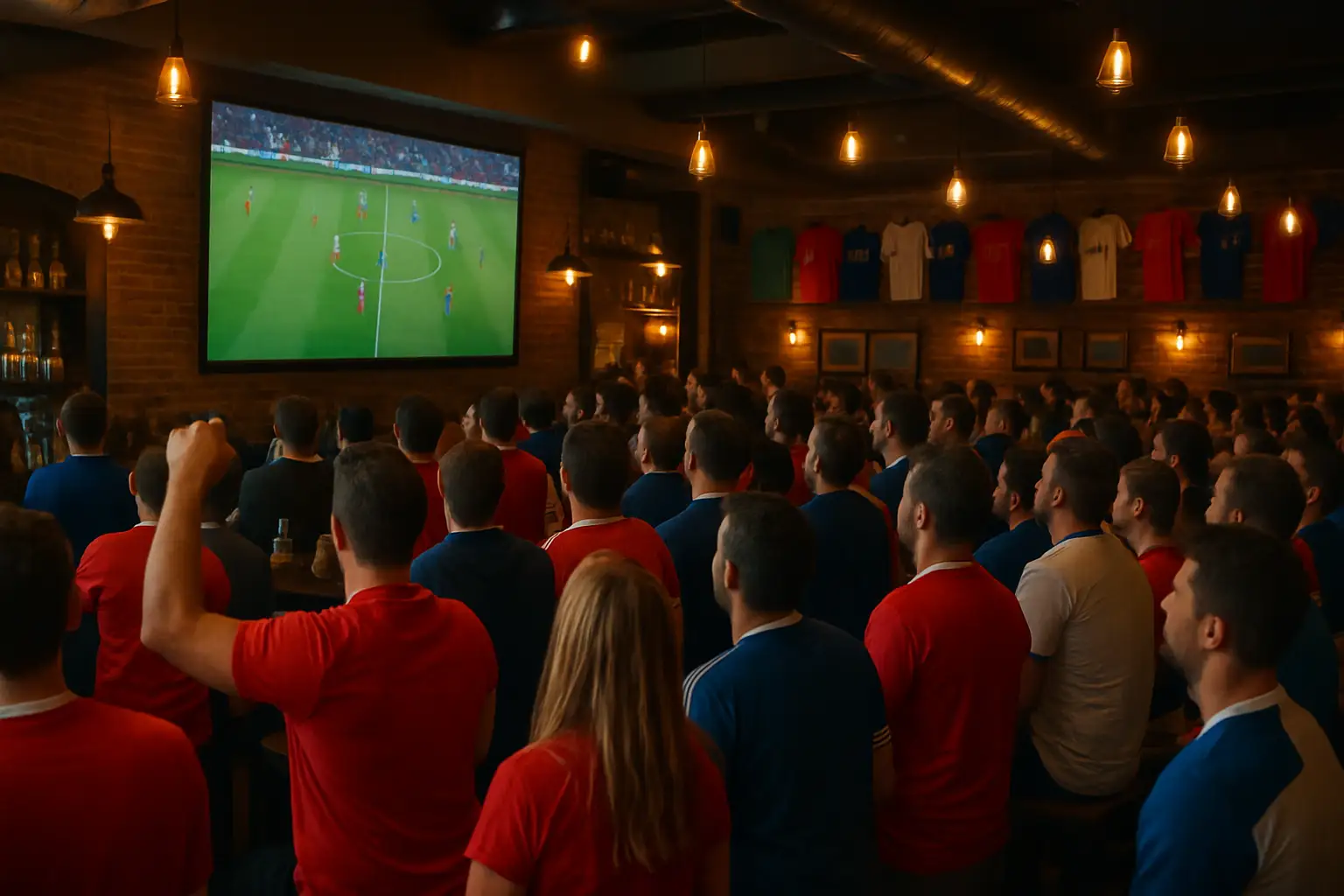 Football fans watching an international match on a large screen in a sports bar
