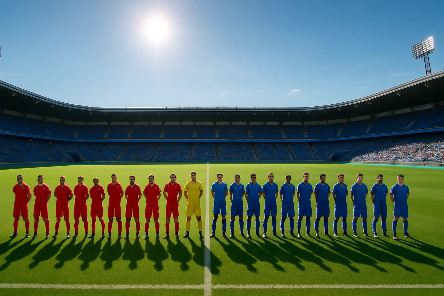 Football players from two national teams facing off on a stadium pitch during a summer international match