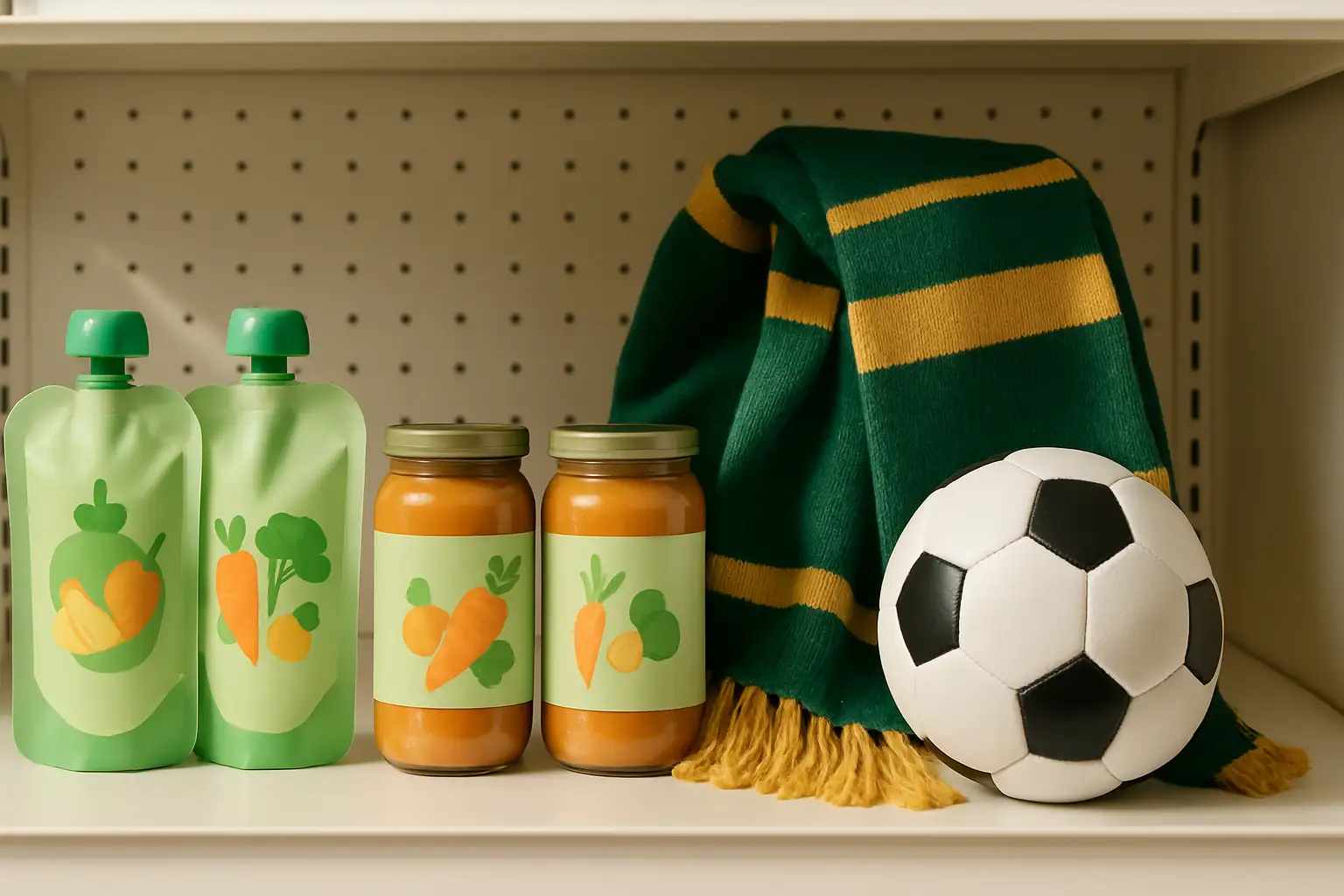 Organic baby food products displayed alongside football-themed decorations in a bright retail setting