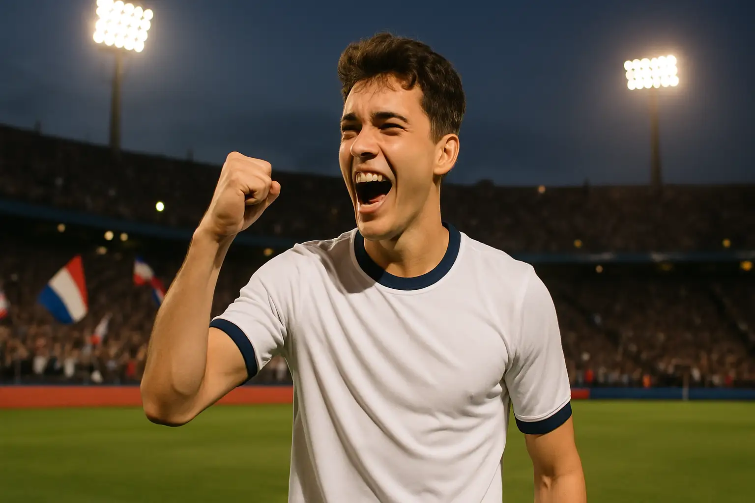 England midfielder celebrating a goal in front of a packed stadium crowd