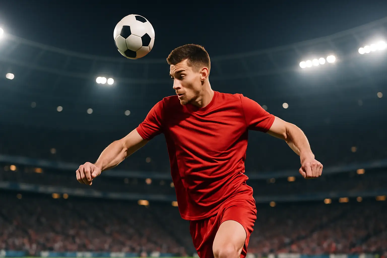 A defender in a red football kit competing in a aerial duel during a European club match
