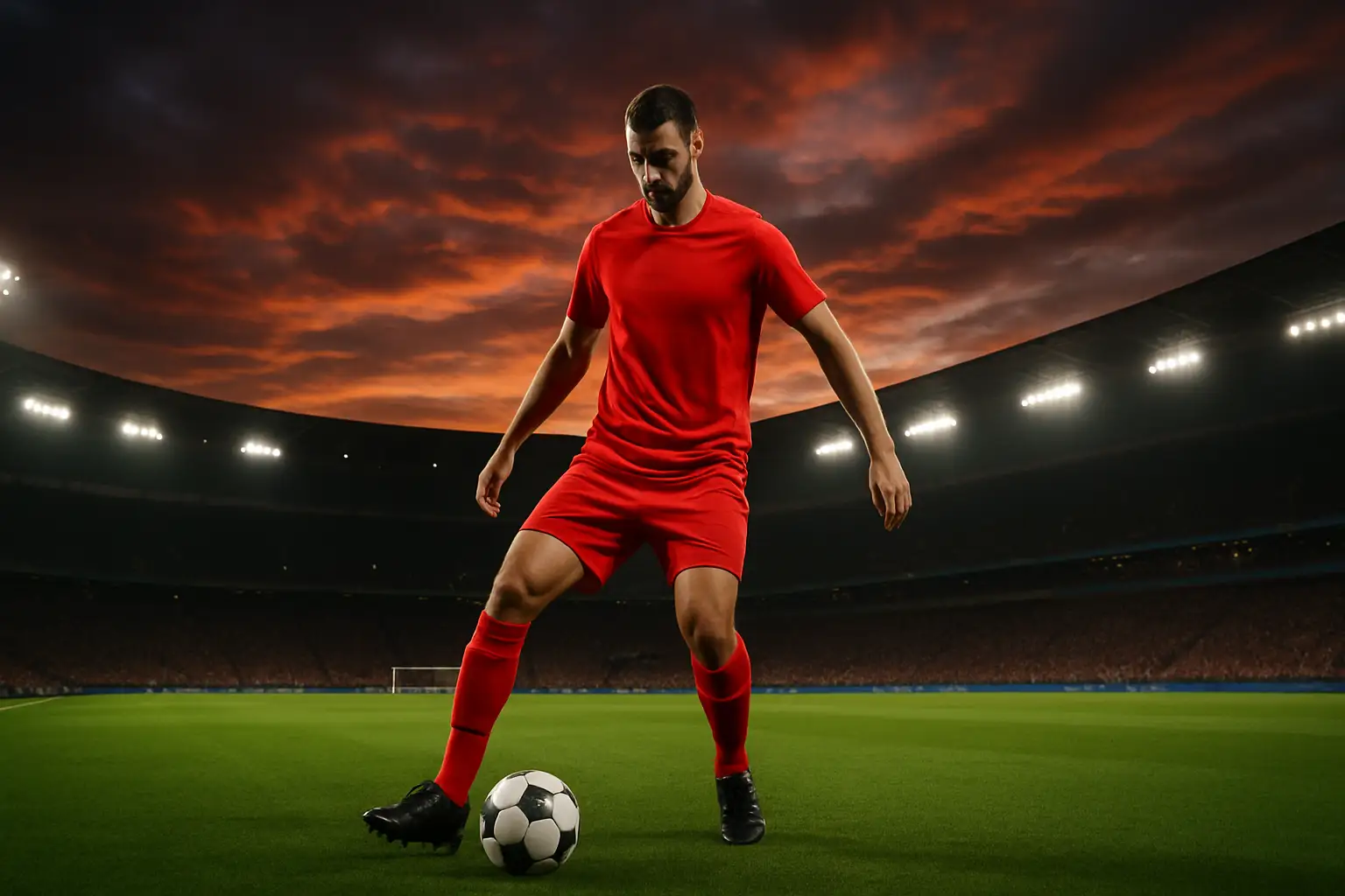 A footballer in a red shirt controls a ball on a European stadium pitch at night