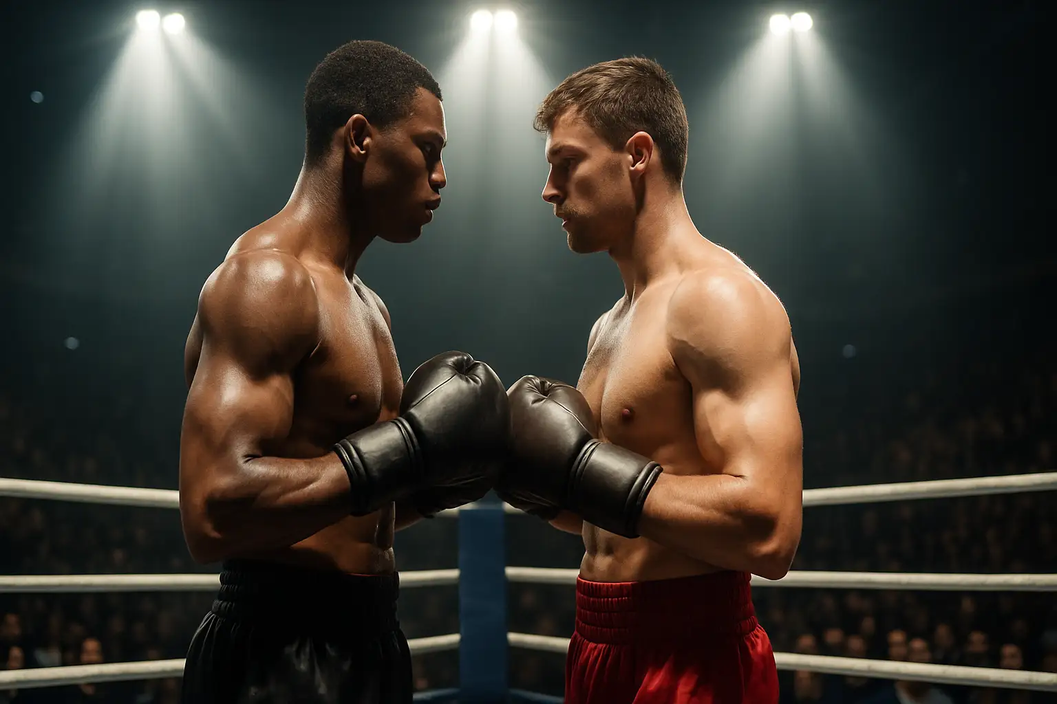 Two boxers facing off under the bright lights of a boxing arena on fight night
