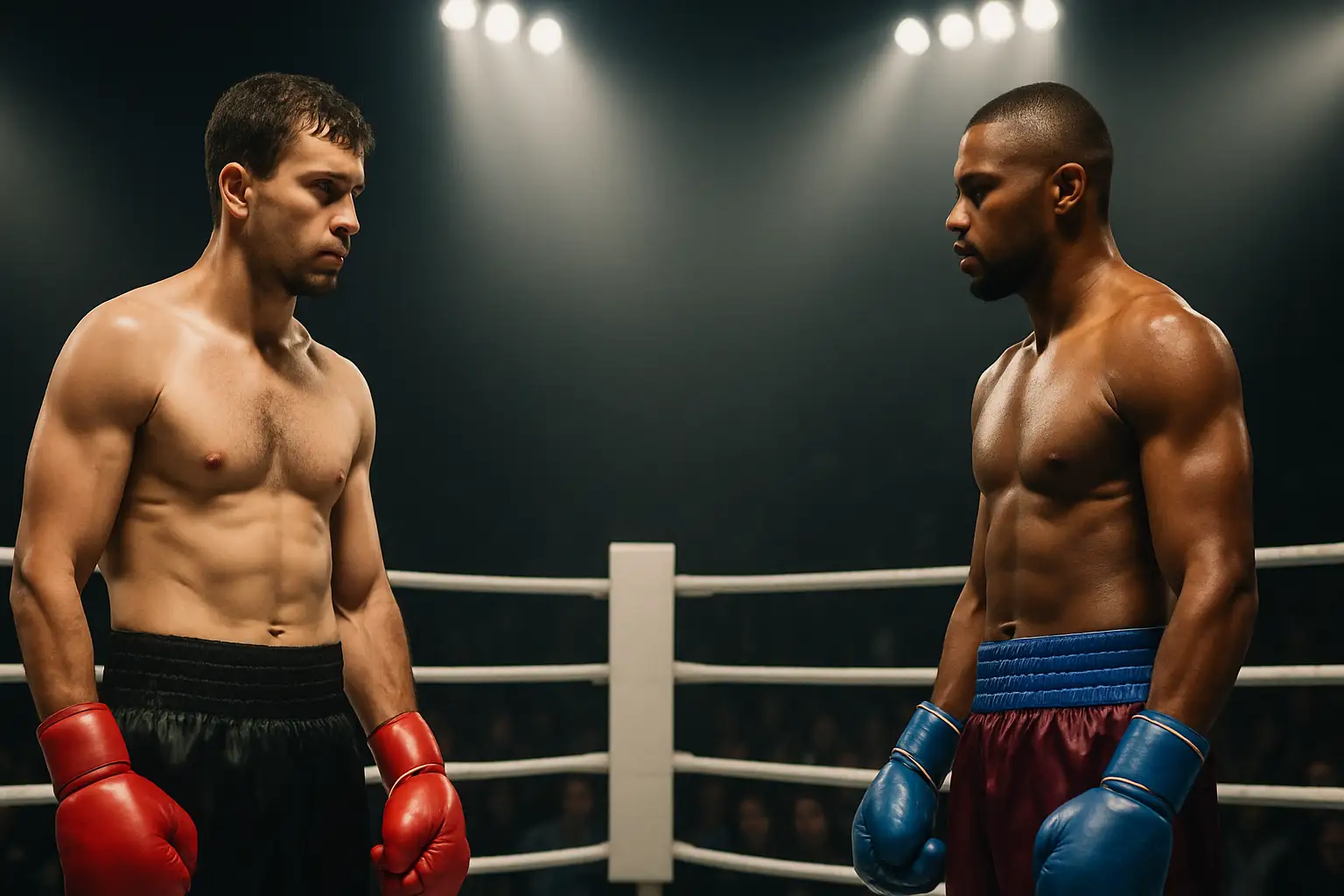 Two boxers facing off in a professional boxing ring under bright arena lights