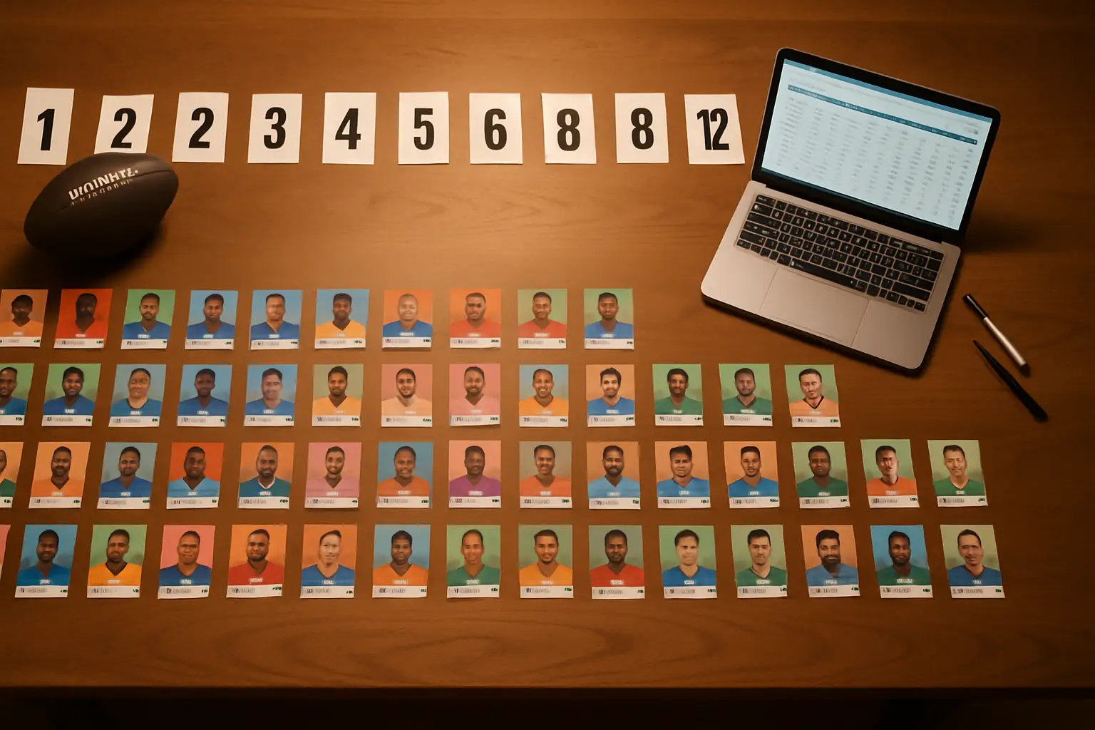 Fantasy football draft board with player cards and numbered pick slots on a table