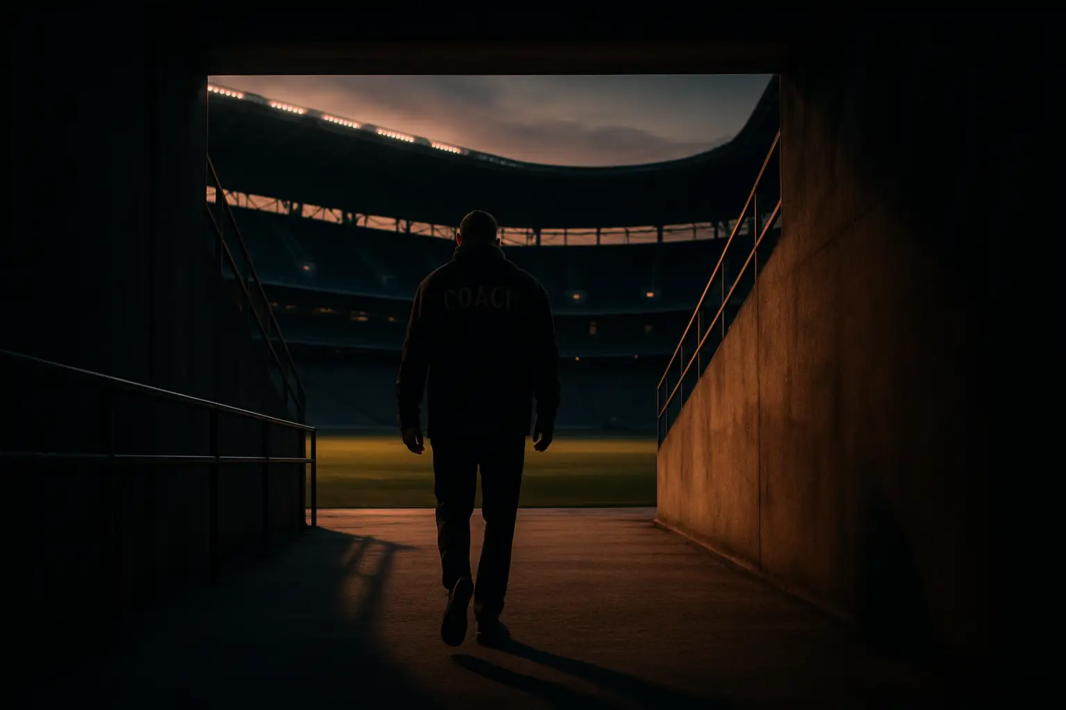 A coach walks away from an empty football pitch at dusk, symbolizing resignation and the end of a coaching era