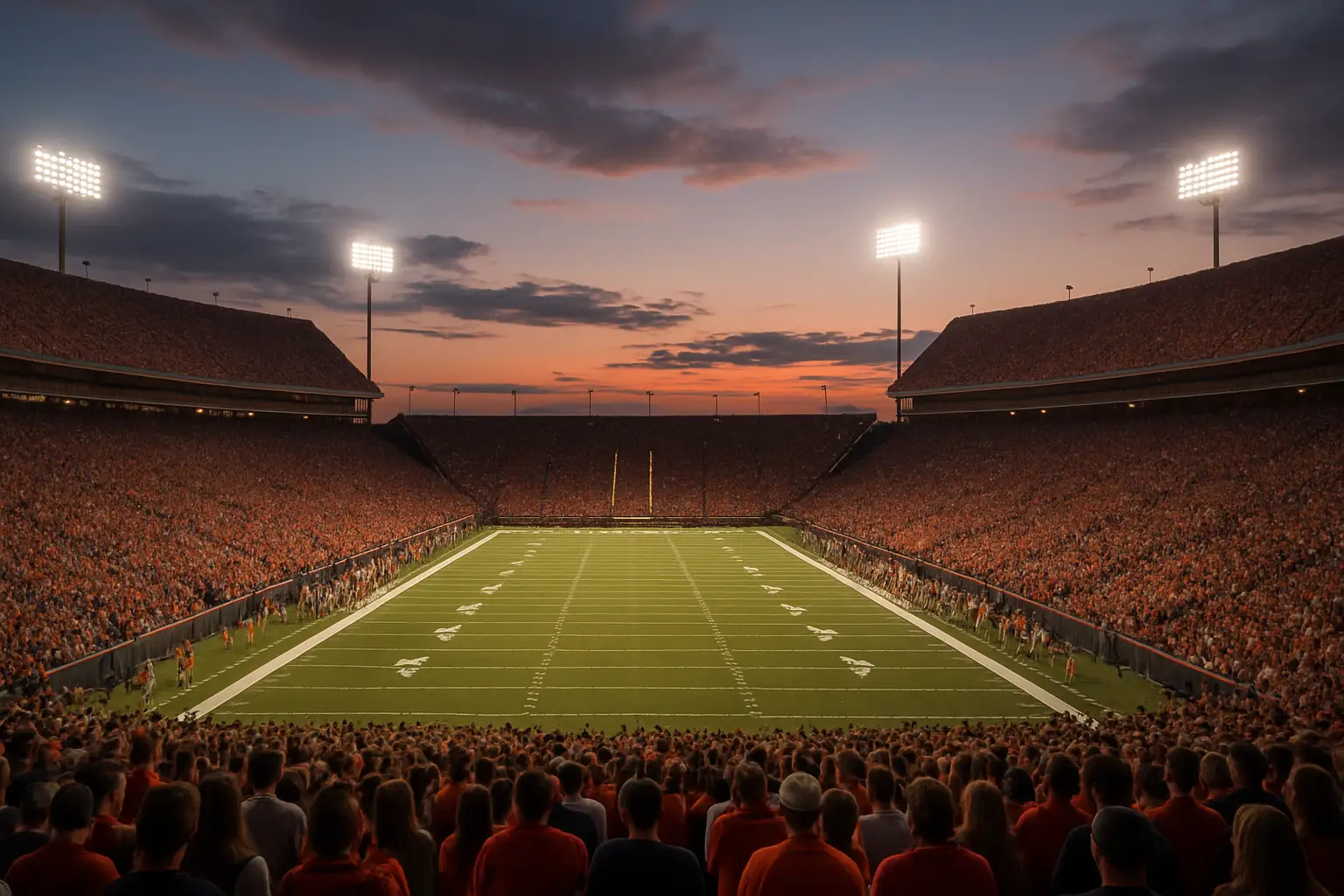 A football stadium filled with fans under bright lights representing Big 12 conference energy