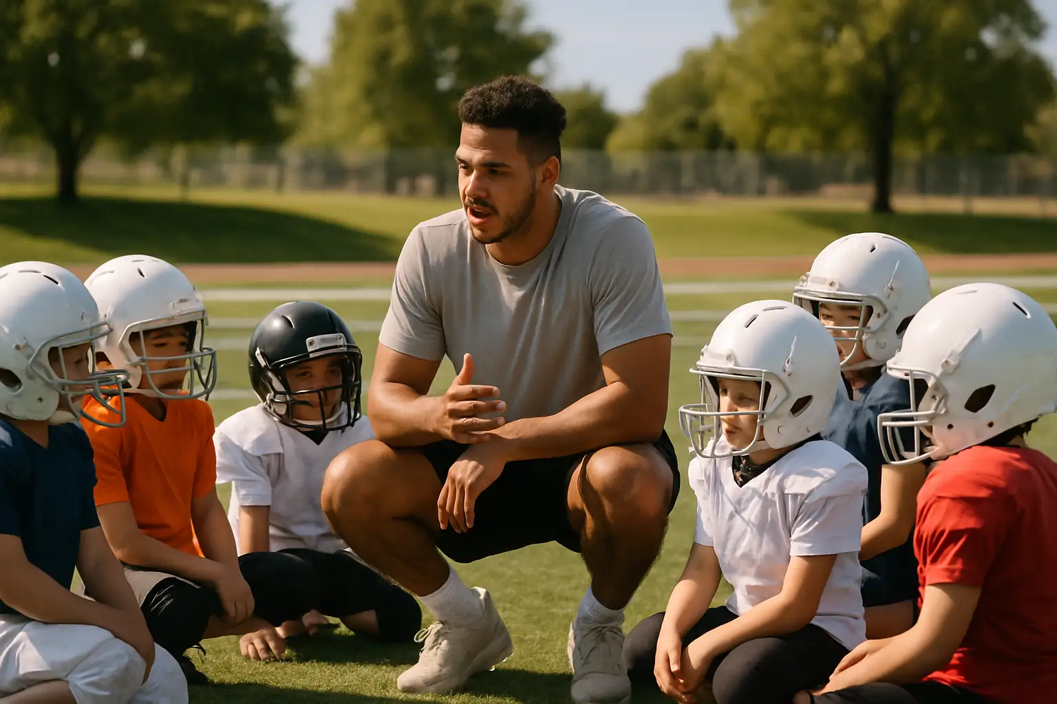 NFL offensive lineman coaching youth football players on a sunny outdoor field