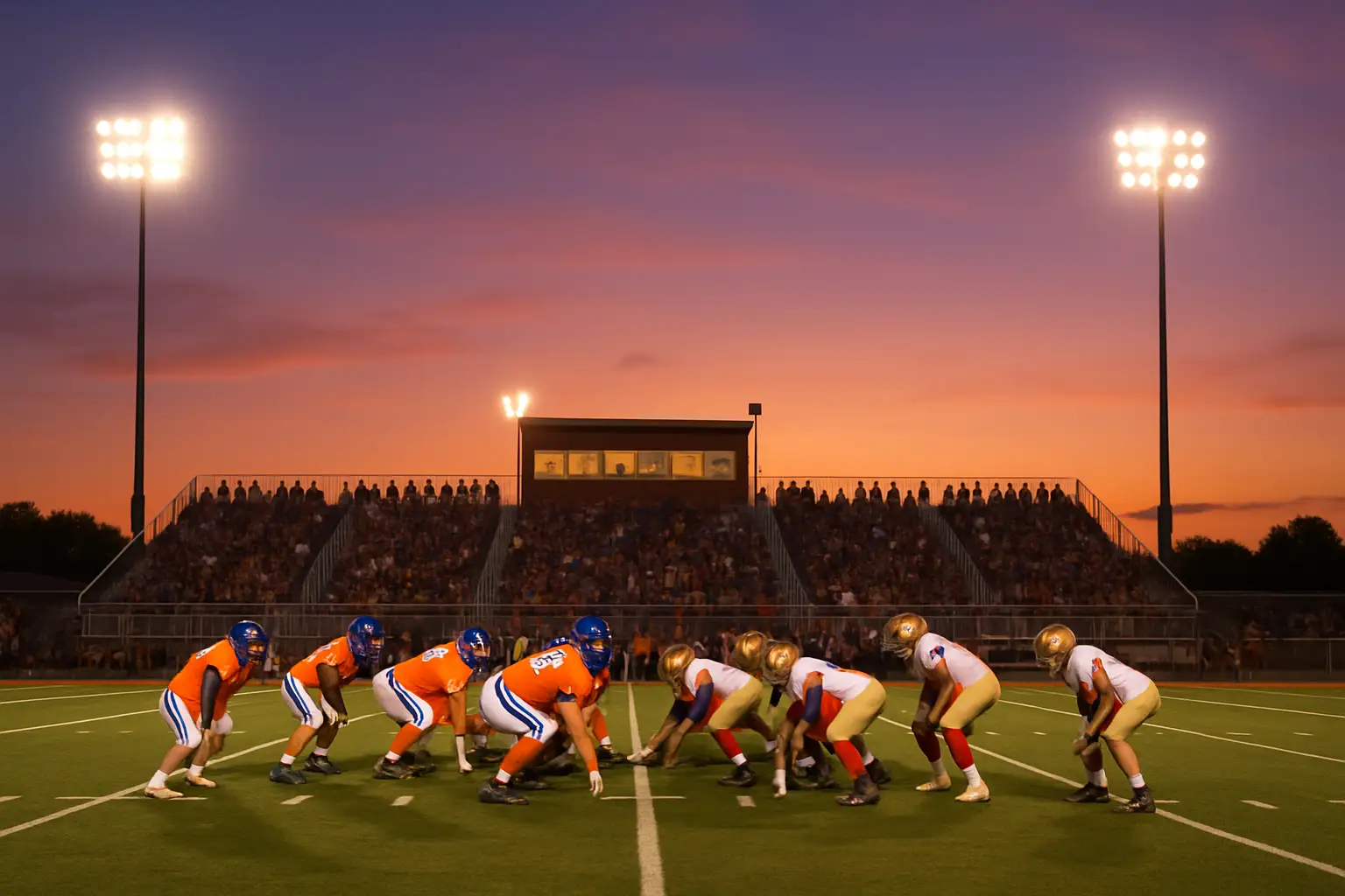 High school football players from Birmingham lined up on a field before kickoff at a classic-style game