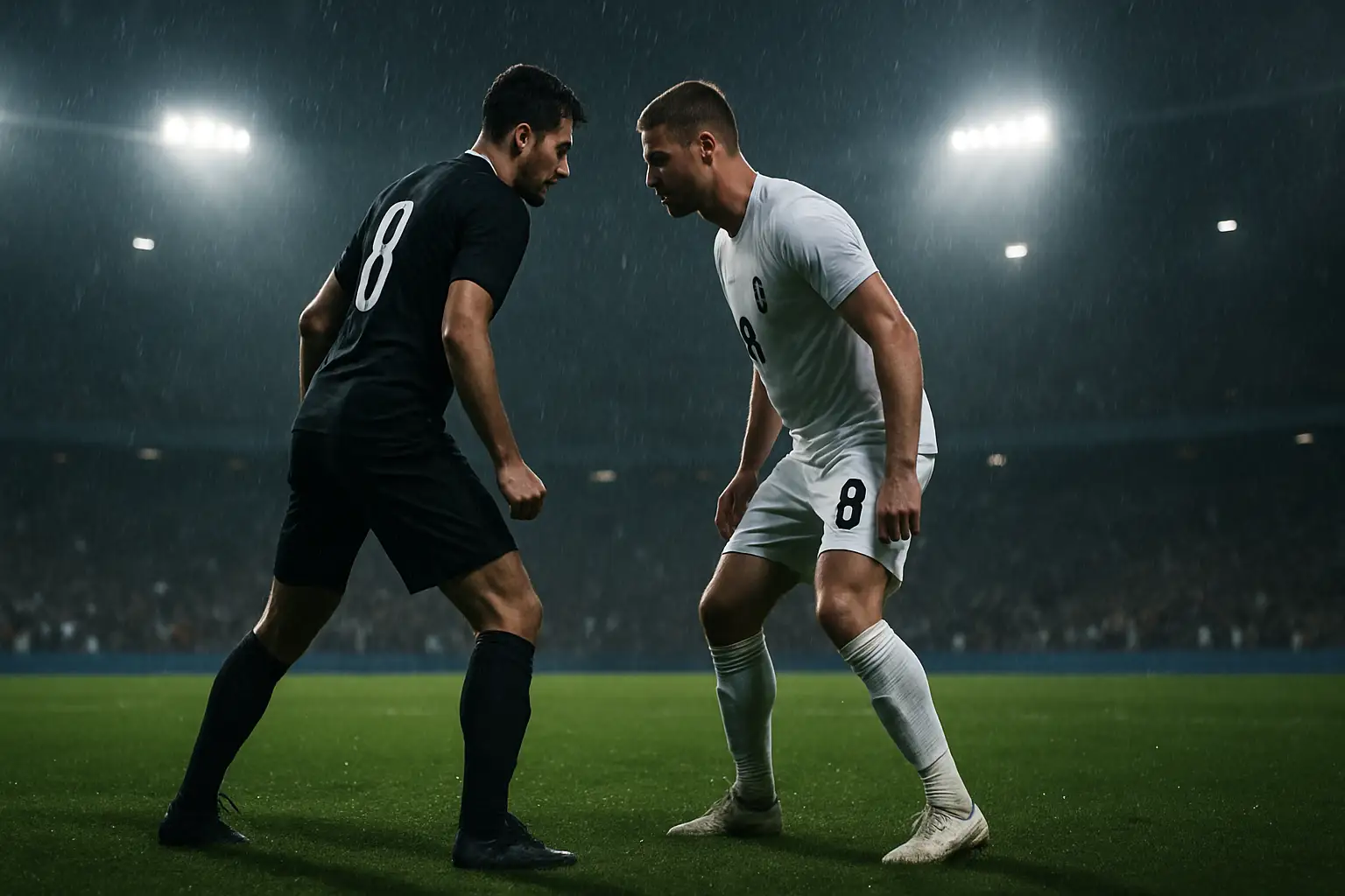 Two rival football players facing off on a rain-soaked pitch under stadium lights, tension visible in their body language