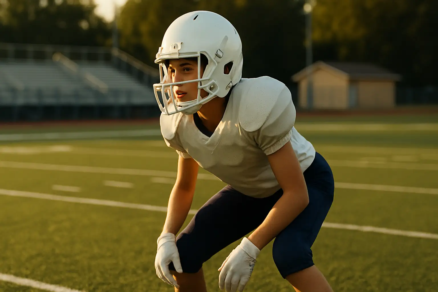 A high school defensive back in uniform ready for action on the football field