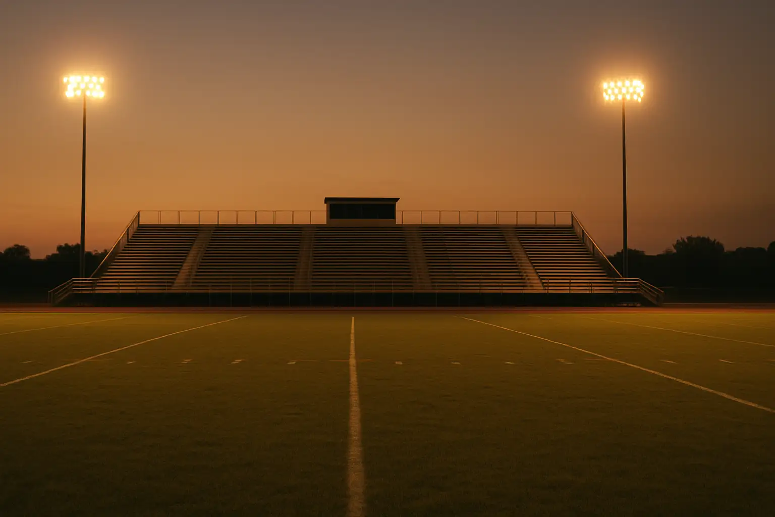 Empty high school football stadium bleachers at dusk with field lights on