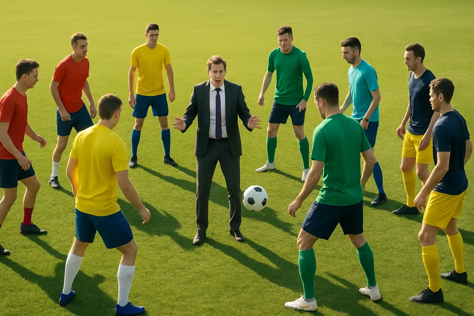 A group of football players forming a circle for a rondo training drill on a green pitch