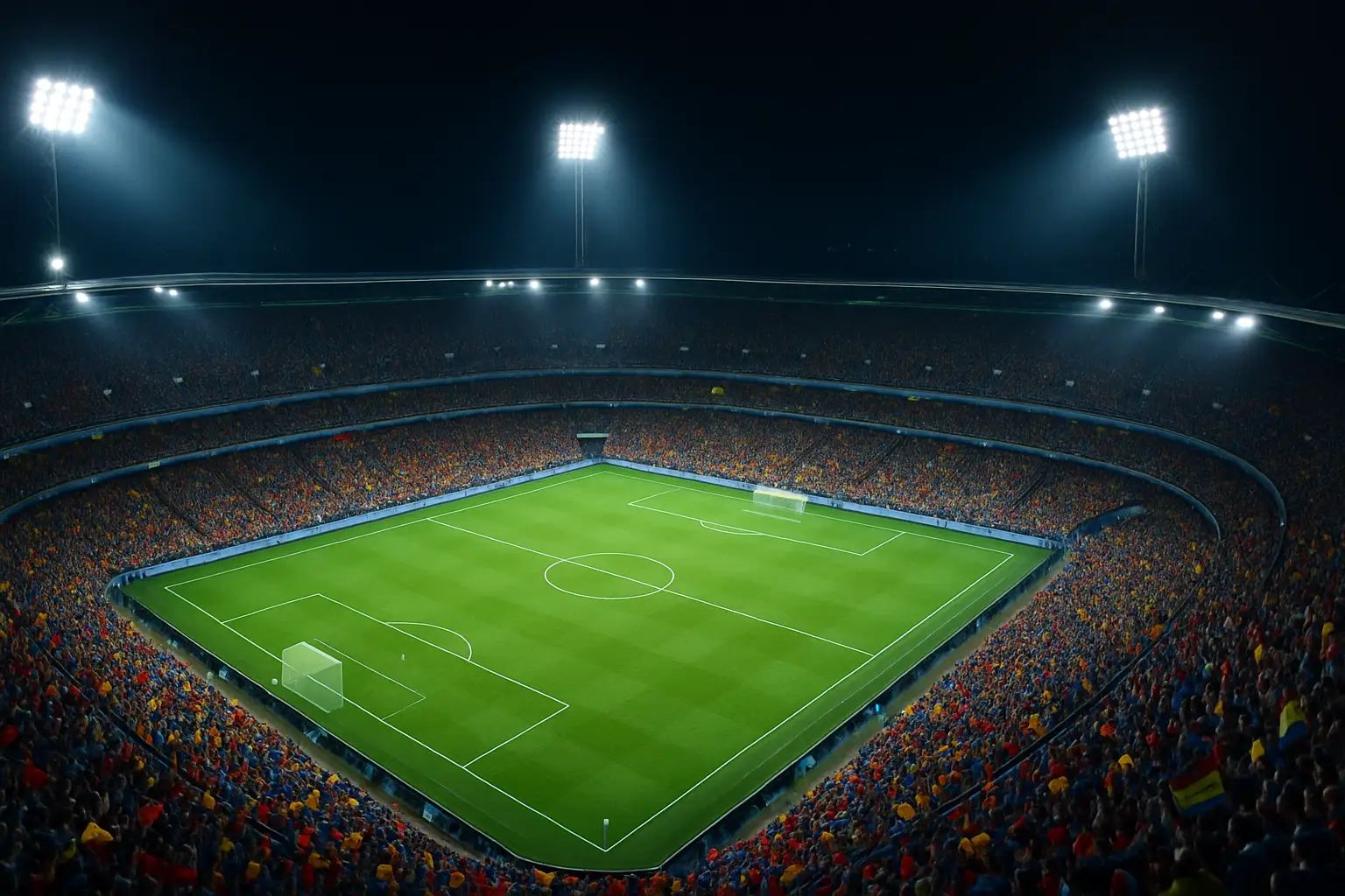 Football stadium filled with fans under floodlights ahead of a major international match