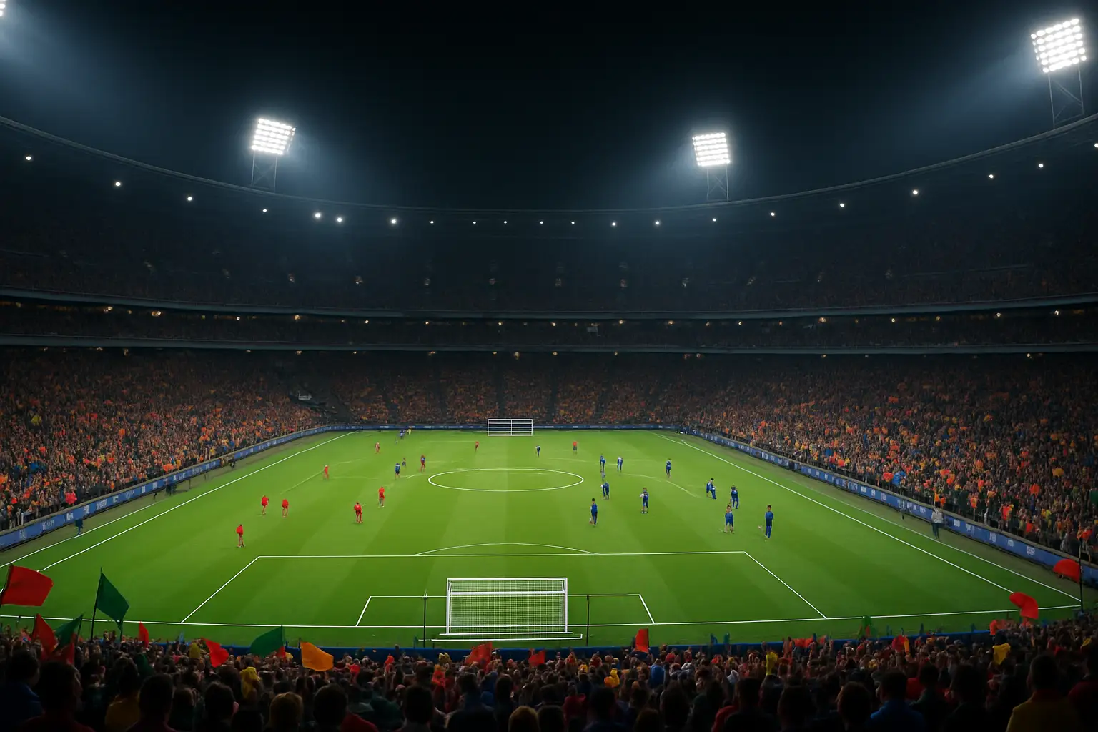 A football stadium filled with fans under bright floodlights on match night