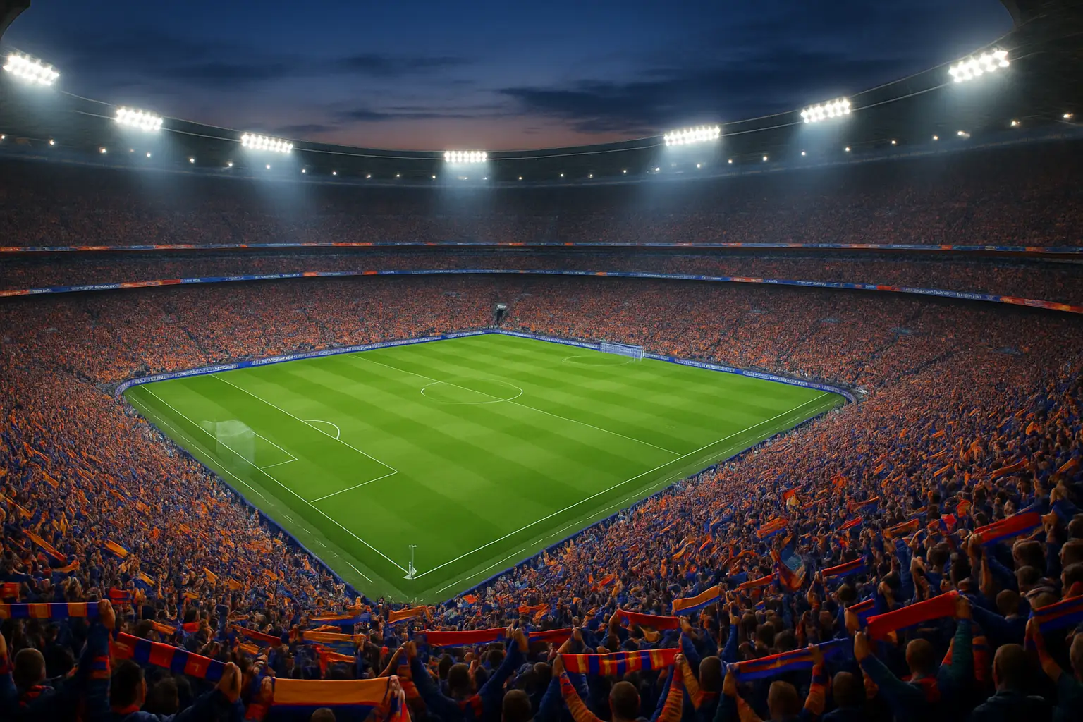 A football stadium packed with fans under floodlights ahead of a World Cup group-stage match