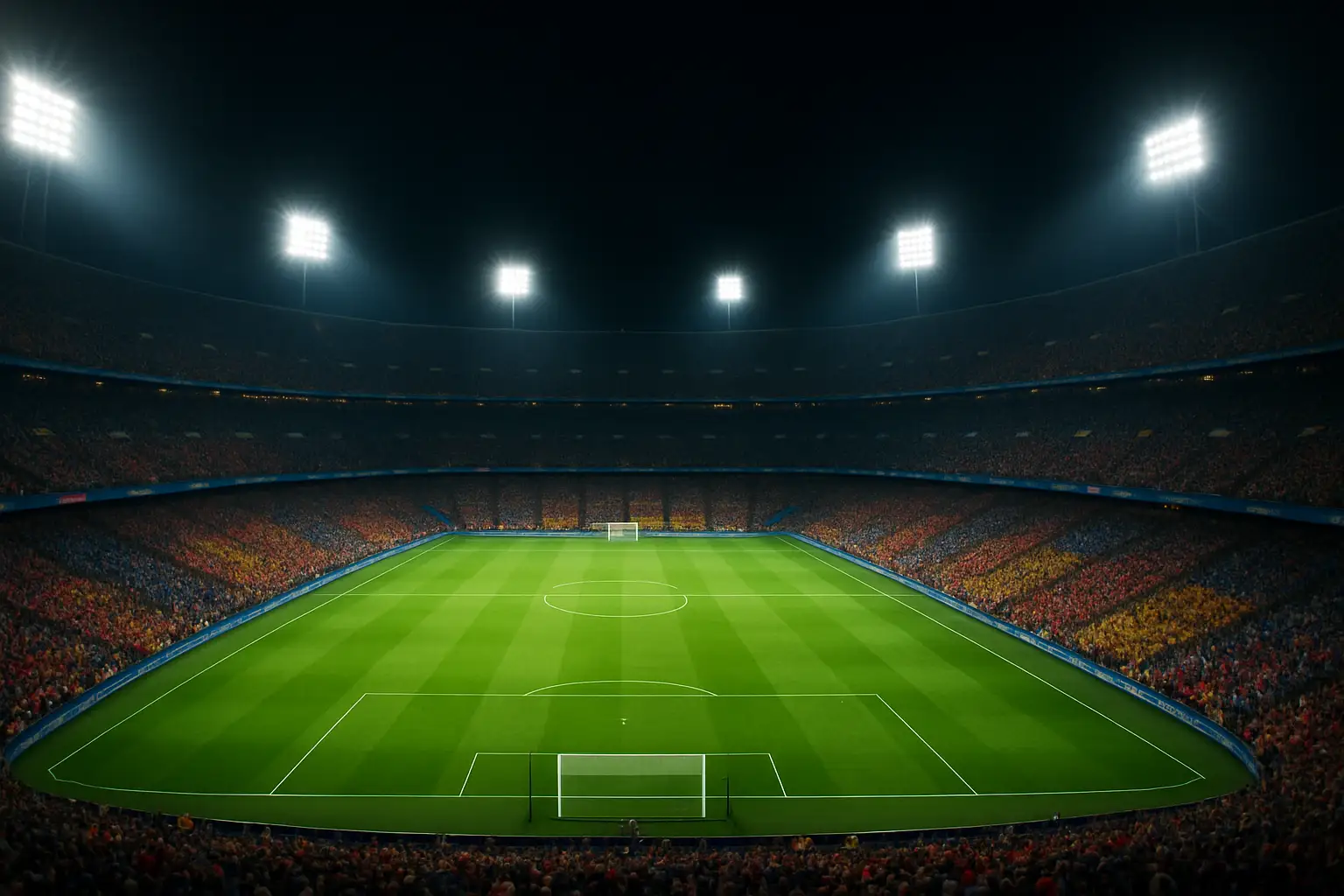 Football stadium lit up at night ahead of an international match