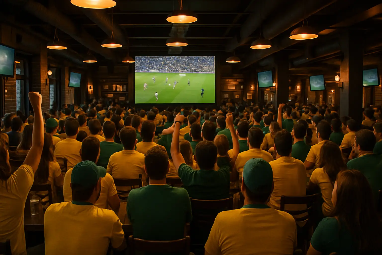 Football fans watching a Brazil international match on a large screen