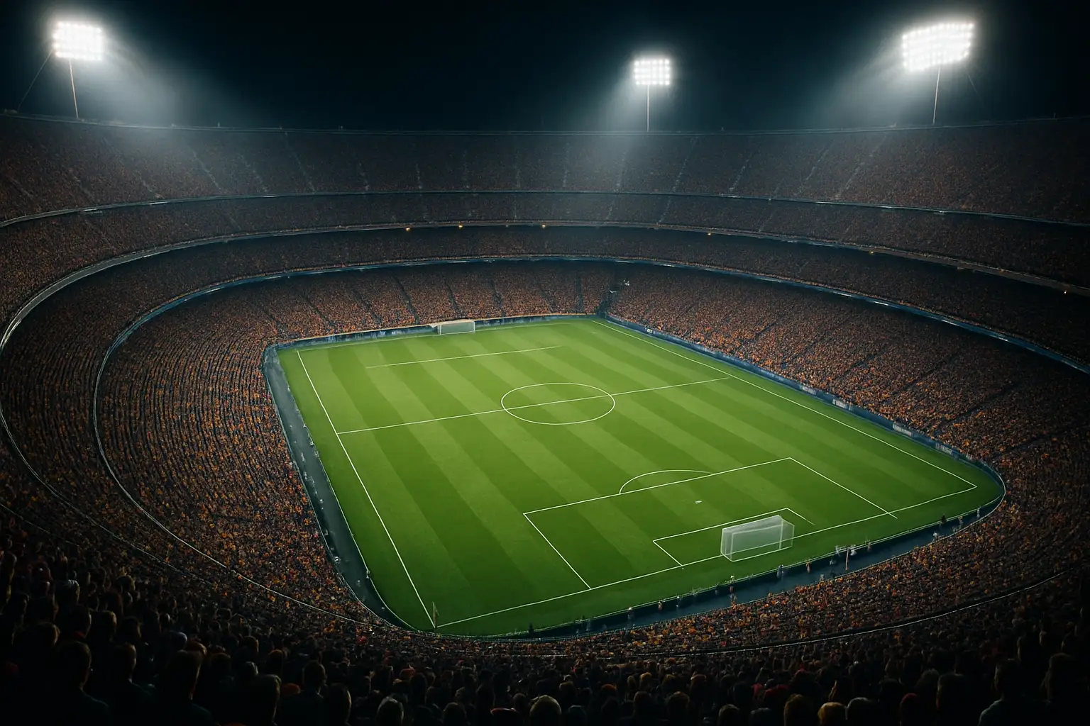 A packed football stadium glowing under floodlights on a World Cup match night
