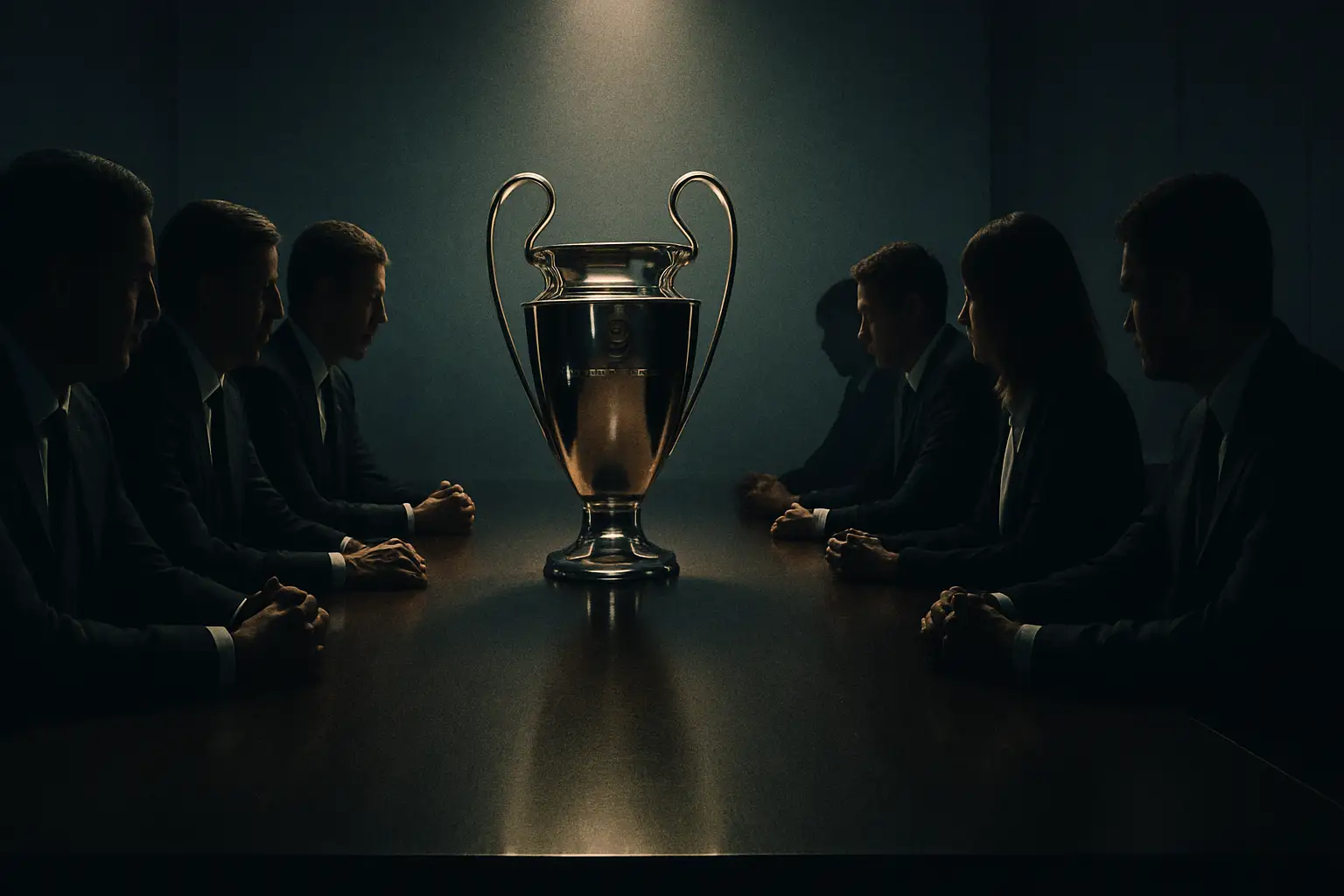 Football officials in a tense boardroom standoff with a globe and trophy on the table