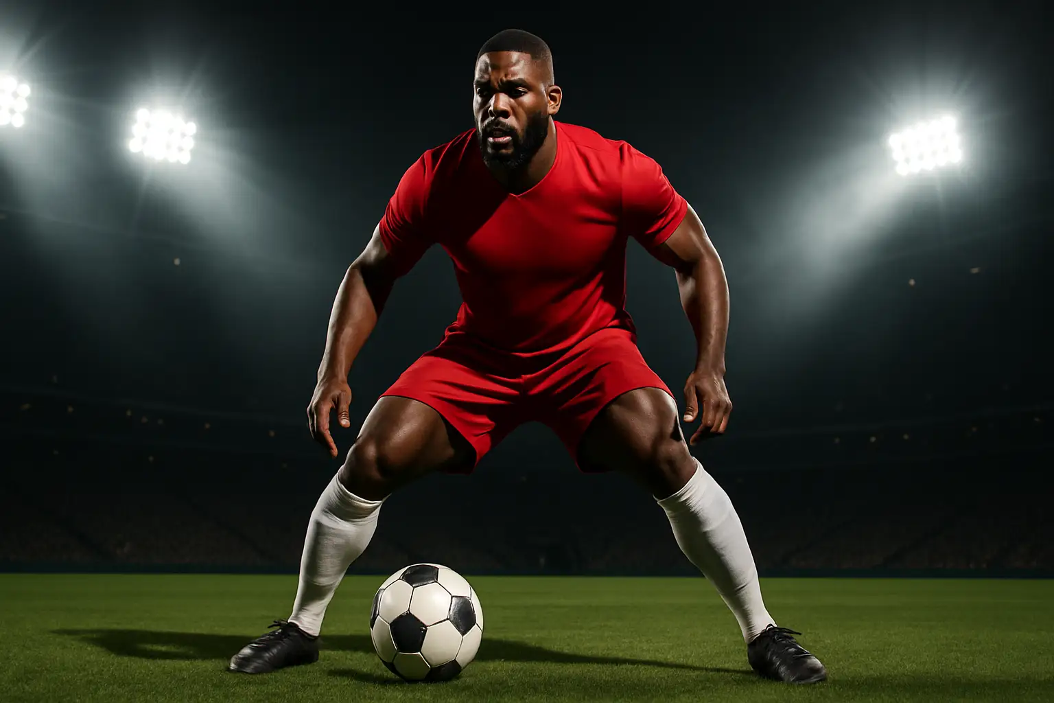 A soccer forward in a red Atlanta United jersey preparing to kick a ball on a green pitch under stadium lights
