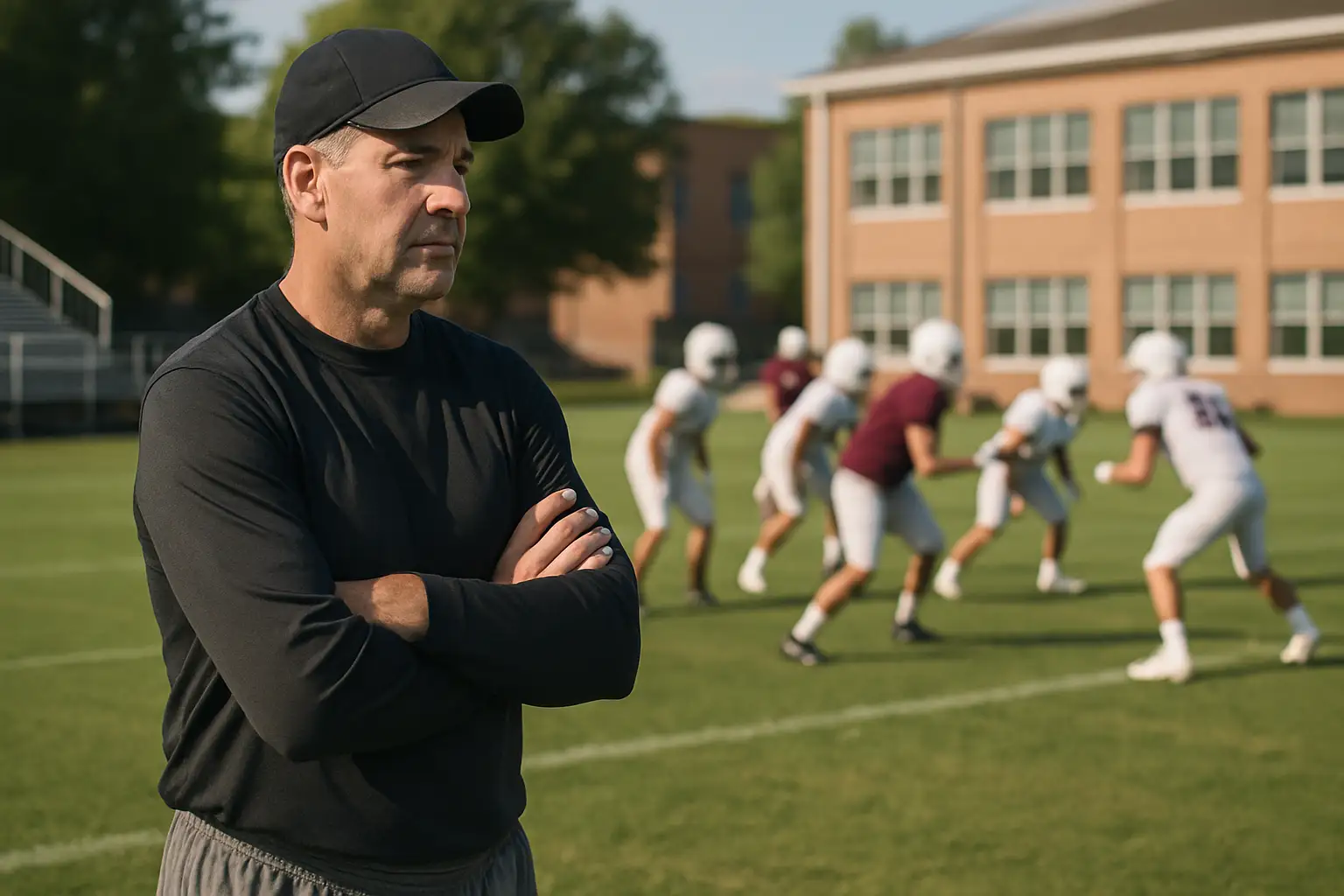 A football coach standing on a college sideline watching practice on a sunny afternoon