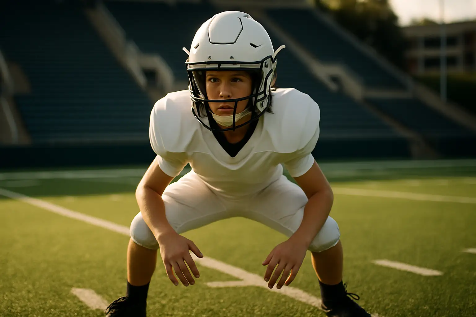 A football player in a linebacker stance on a college football field during a recruiting visit