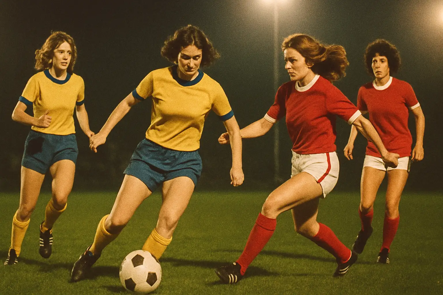Vintage-style illustration of women playing football on a sunlit grass pitch in the early 1970s