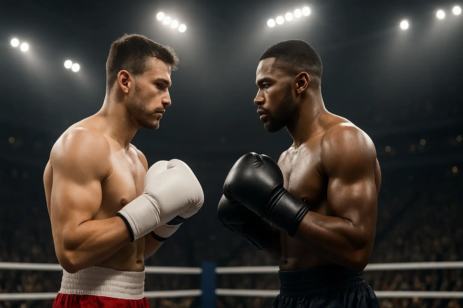 Two boxers facing off in a brightly lit arena with a crowd in the background