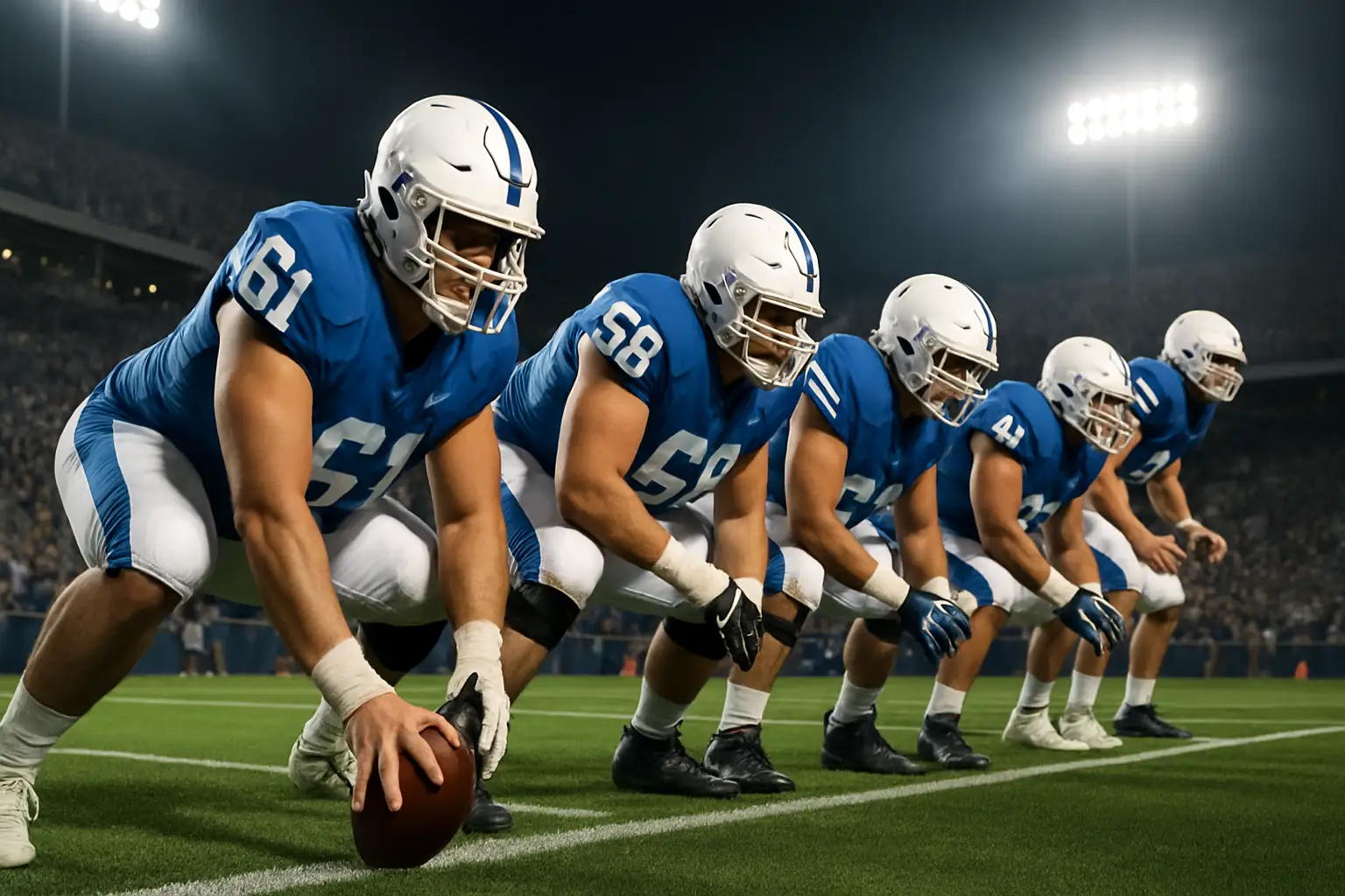 BYU Cougars football players in blue uniforms preparing for a snap during a college football game