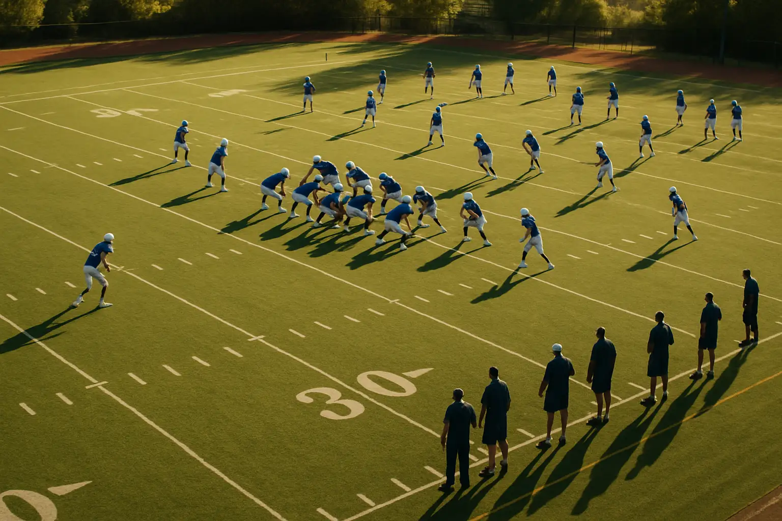 BYU Cougars football players running drills during fall camp practice