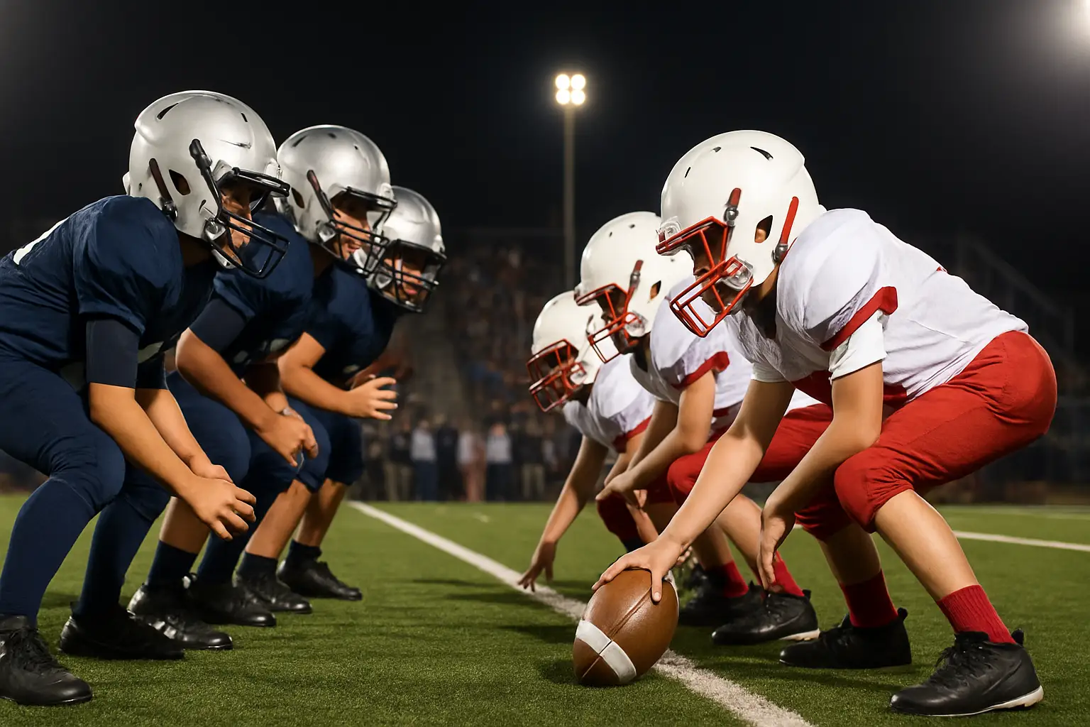 High school football players lined up at the line of scrimmage under Friday night lights