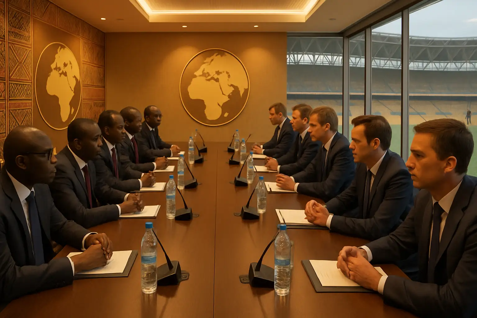 Football officials shaking hands at an international football governance summit with African flags in the background