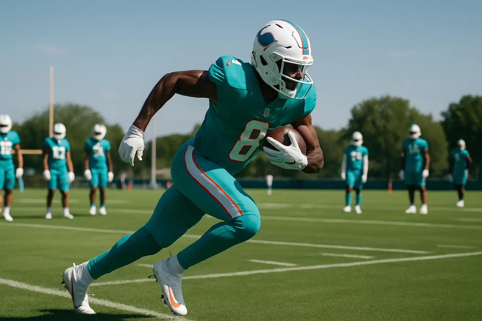 A wide receiver in a teal and orange uniform runs a route on an NFL practice field
