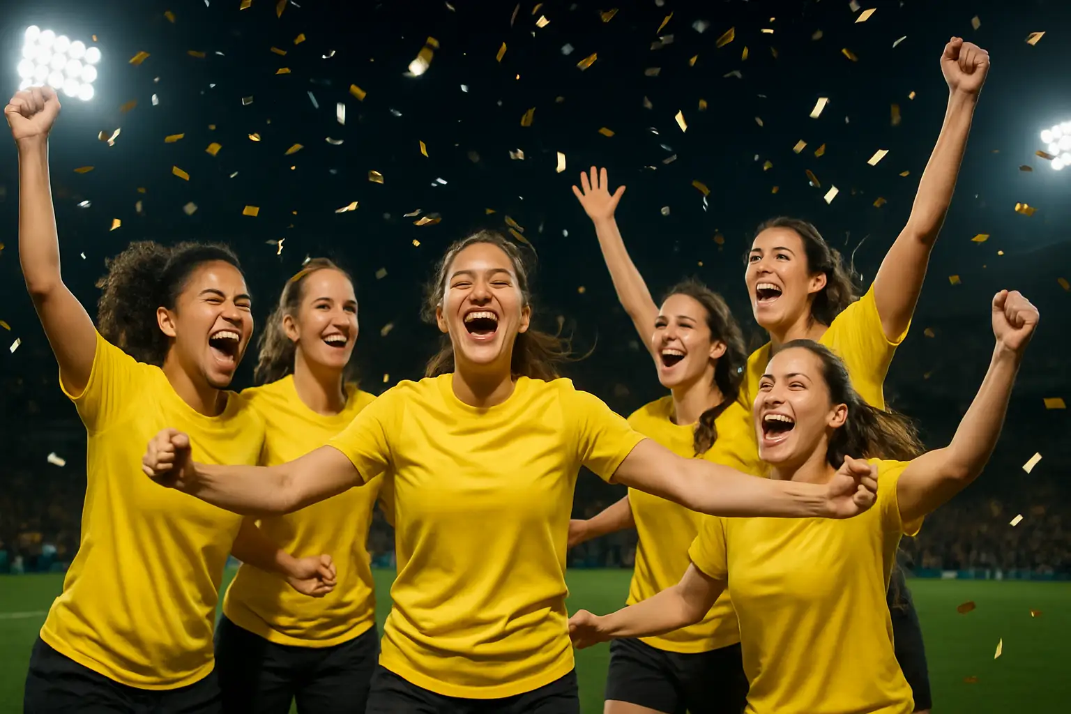 Cameroon women's football team celebrating a championship victory on the pitch