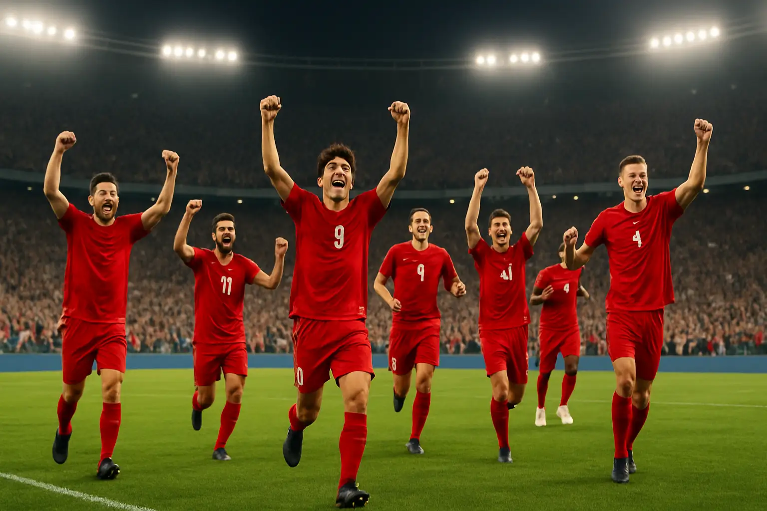 Canada soccer players celebrating a goal on the field during the 2026 FIFA World Cup group stage